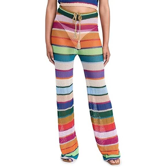 PQ Womens Multicolor Crochet Knit Rainbow Striped Wide Leg Bree Boho Pants XS/S - Picture 1 of 5